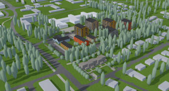 Höghus i olika färger placerade i det kvarter där hälsocentralen i Sjundeå nu finns.