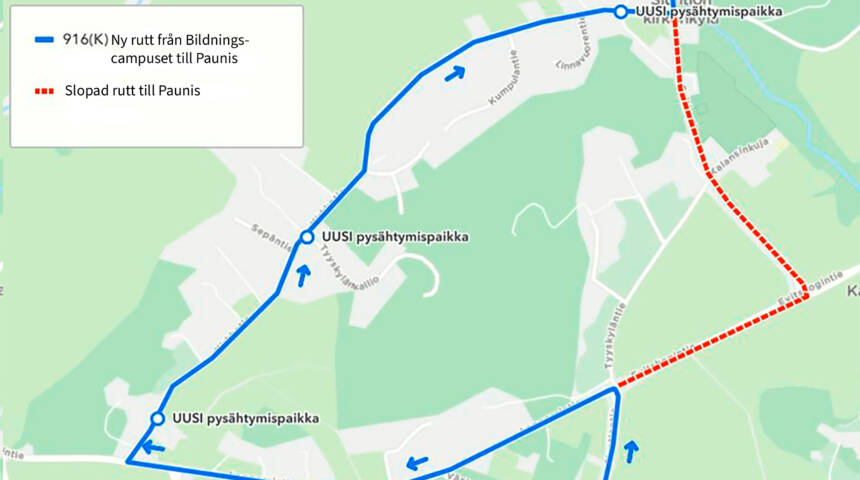 Kartan visar att linje 916 går norrut från Sjundeåvägen via Lappersvägen och Kyrkovägen till Svidjavägen istället för att svänga till Svidjavägen i korsningen med Lappersvägen och Evitskogsvägen.
