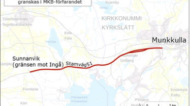 Kartan visar att planeringsområdet för förbättringen av stamväg 51 ligger mellan gränsen mellan Ingå och Sjundeå och Kyrkslätt centrum.
